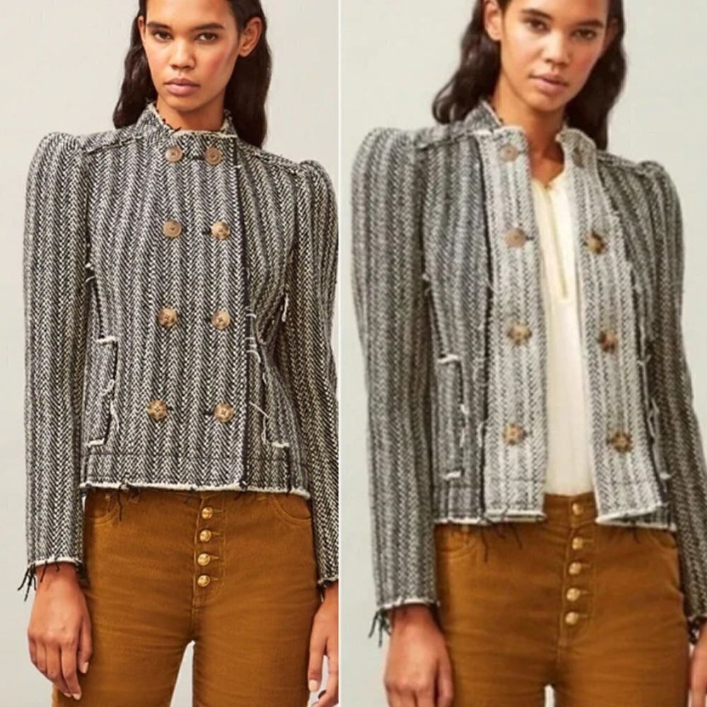 SALE Tory Burch Sammy Herringbone Tweed Raw Edge Double Breasted Wool Jacket 6